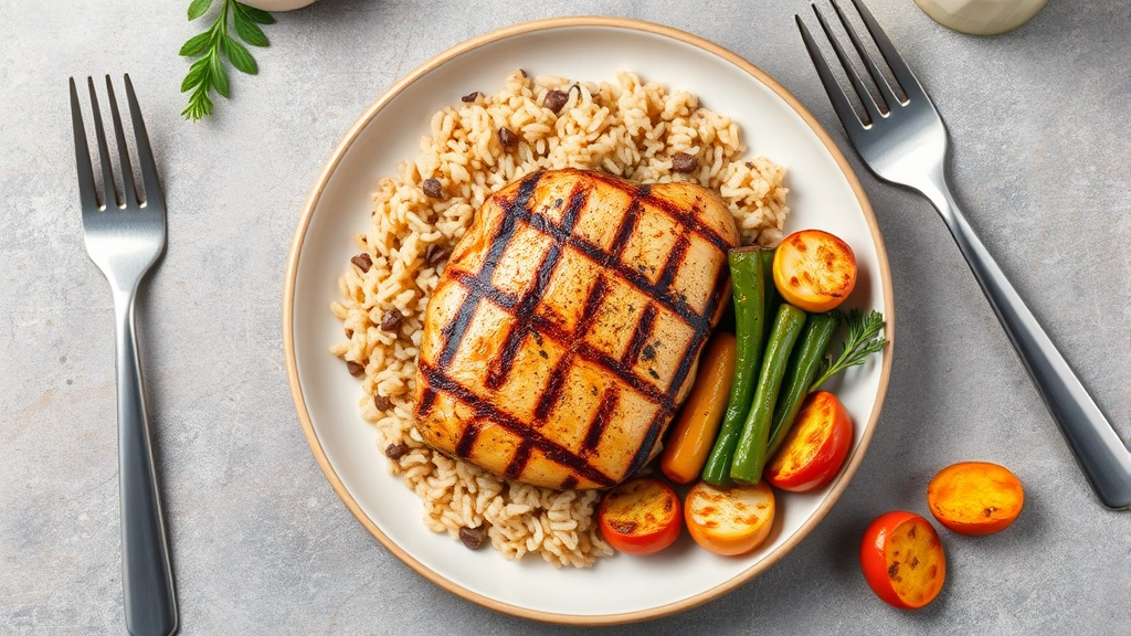 Overhead view of a balanced meal plate with grilled chicken breast, brown rice, and roasted vegetables, representing proper nutrition for muscle building