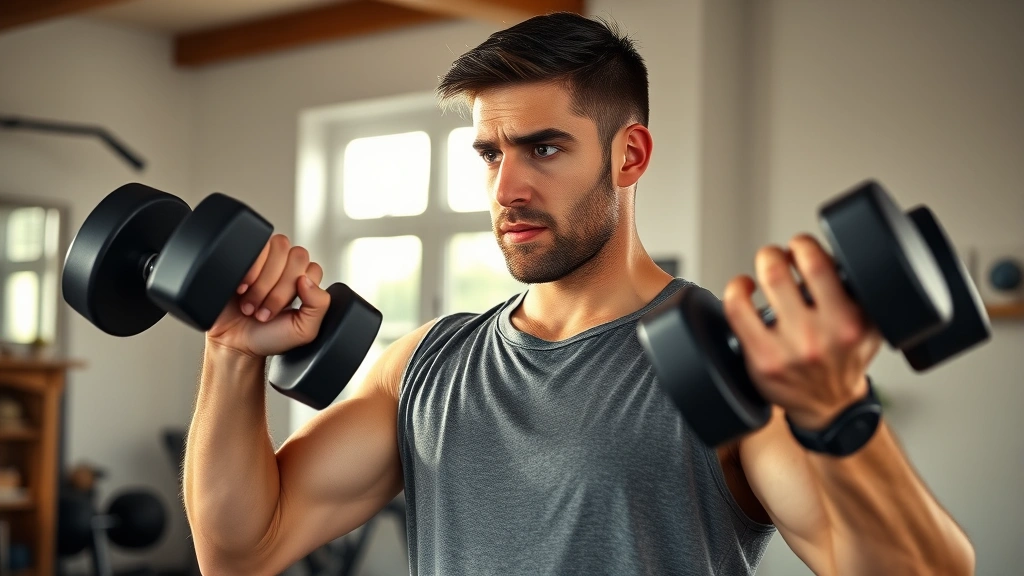 Person in a home gym doing strength training with dumbbells, focused expression, morning sunlight streaming through windows, showing proper form and dedication.