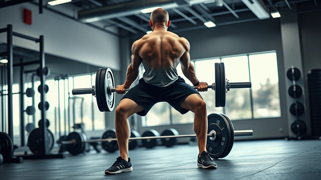 Person performing a compound weightlifting movement like a deadlift with perfect form in a well-lit gym, showing muscular engagement and controlled motion