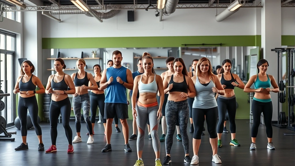 Diverse group of people of various fitness levels working out together in a supportive gym environment, showing community and sustainable fitness culture