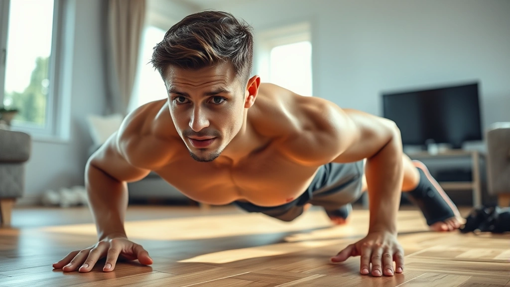 Athletic person doing push-ups on living room floor with natural sunlight, focused expression, home gym environment with minimal equipment visible