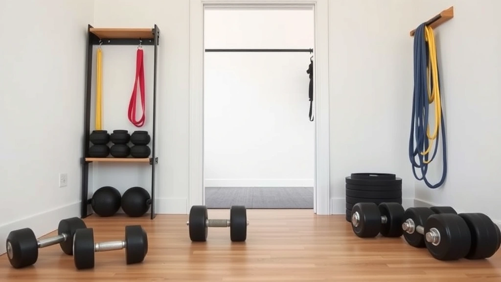 Minimalist home gym corner with adjustable dumbbells on floor, pull-up bar visible on doorframe, resistance bands coiled on shelf, clean bright room