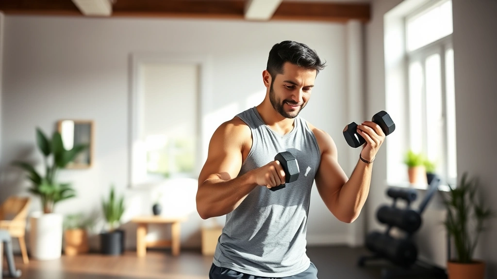 Person doing dumbbell exercises in a bright home gym with natural light, showing proper form and confident posture, wearing comfortable workout clothes