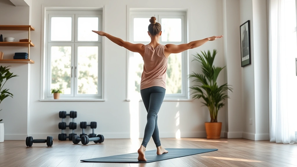 Person in gym clothes stretching in bright home gym space with dumbbells and yoga mat visible, natural morning light streaming through windows, peaceful and ready to start workout