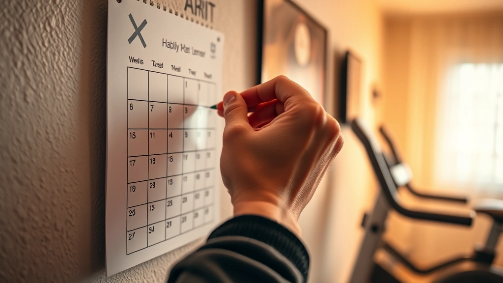 Close-up of someone's hand marking an X on a wall calendar next to fitness equipment, showing habit tracking progress over weeks, warm indoor lighting