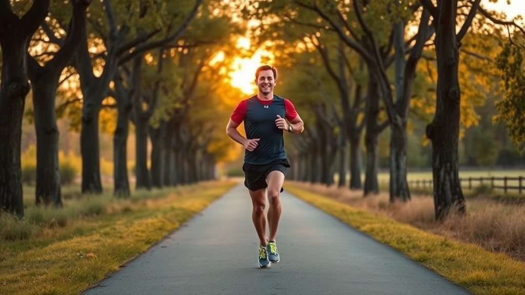 Fit person jogging outdoors on tree-lined path during golden hour, confident stride, athletic wear, natural landscape background, embodying consistency and sustainable fitness