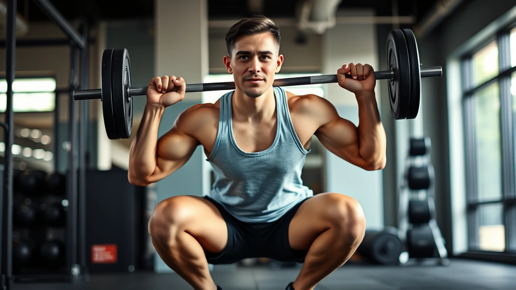 Person mid-squat with proper form, confident expression, modern gym setting with natural lighting, athletic wear, focused intensity