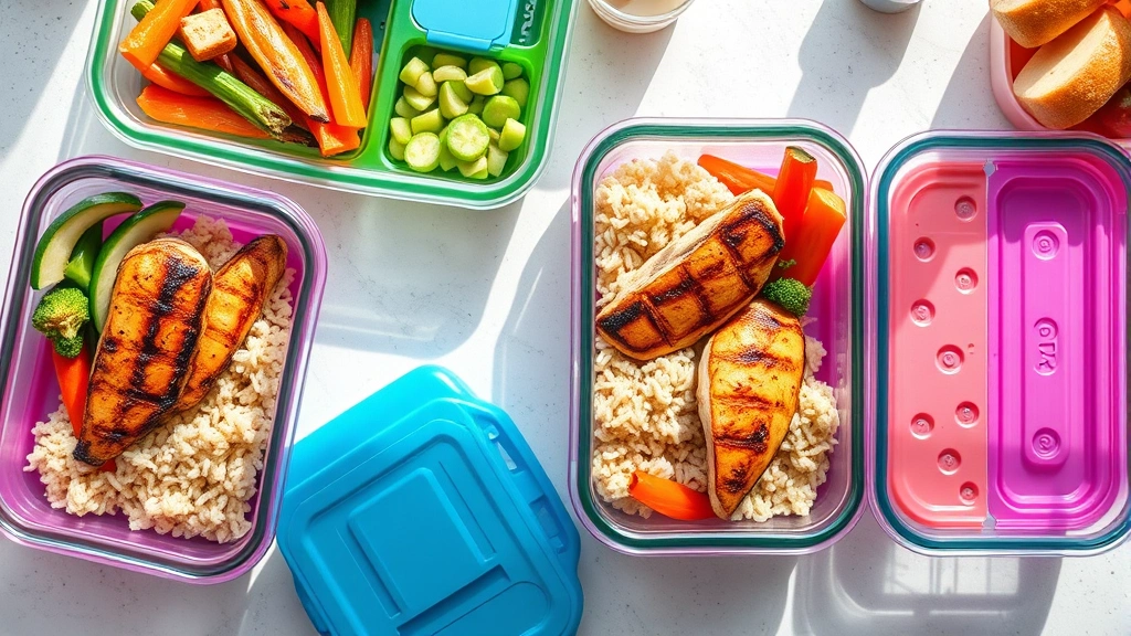 Overhead shot of colorful meal prep containers with grilled chicken, rice, and vegetables, bright natural light, clean kitchen counter
