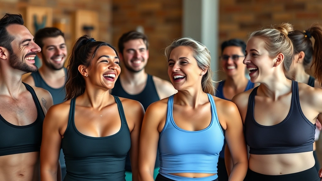 Diverse group of people in a fitness class laughing together, genuine connection and community, natural lighting, candid moment