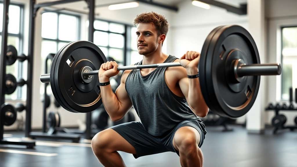 A person doing a barbell squat with perfect form in a modern gym, lifting with determination and proper posture, natural lighting