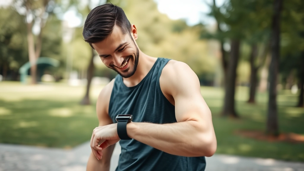 An athlete checking their smartwatch after a workout, smiling with satisfaction, wearing athletic clothes, outdoor park setting with trees