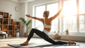 Person in athletic wear doing morning stretching in a bright, minimalist home gym setup with sunlight streaming through windows, focused and calm