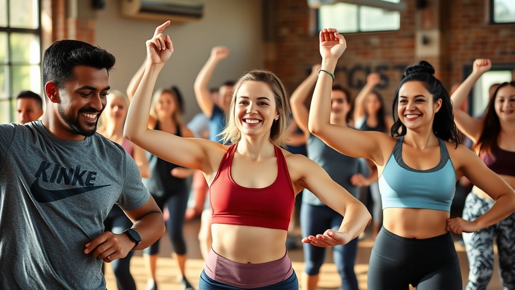 Diverse group of people doing various exercises in a gym setting, smiling, natural lighting, authentic community vibe