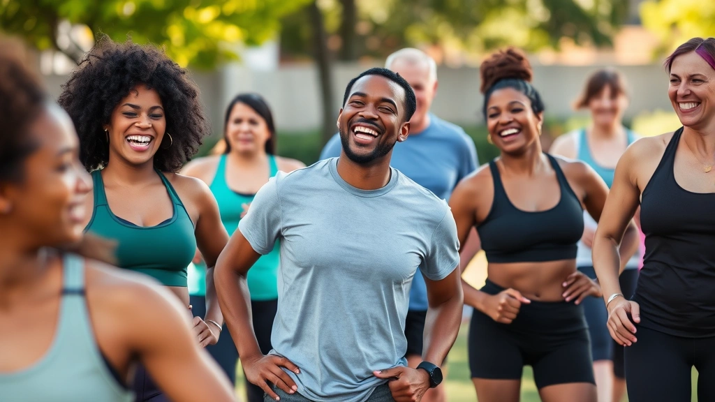 Group of diverse people at an outdoor fitness class laughing together, showing genuine joy and community support during workout
