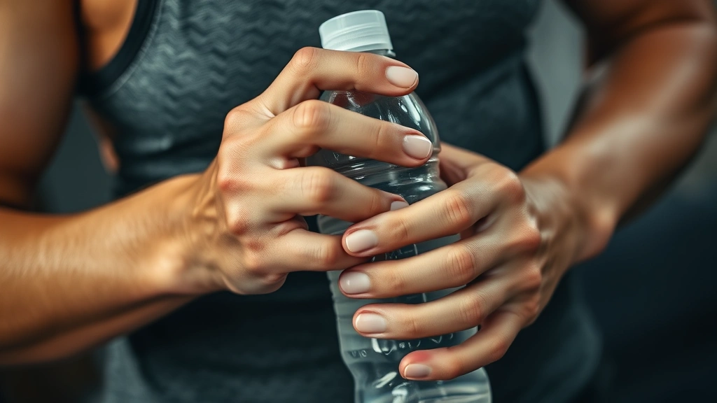 Close-up of someone's hands holding a water bottle after a workout, sweat visible, genuine exhaustion and satisfaction