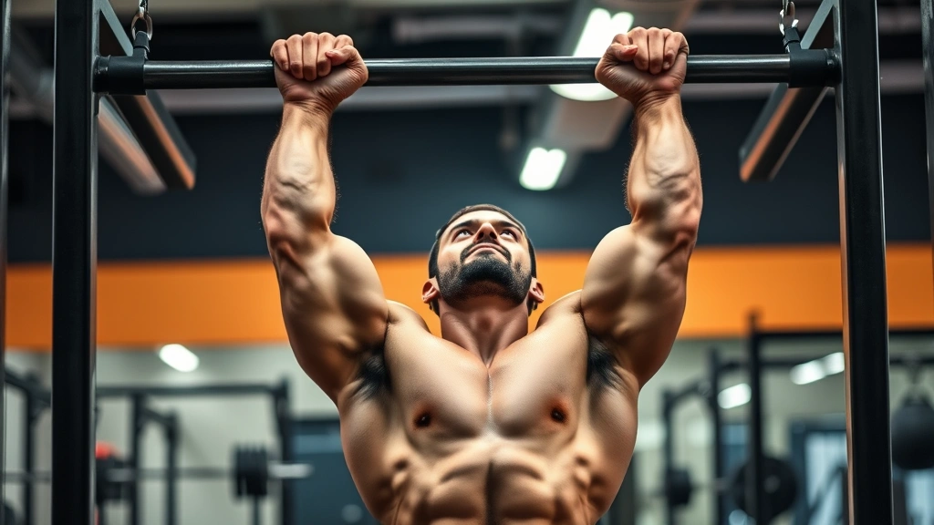 Man doing pull-ups on a bar in a gym, muscles engaged, mid-rep, strong athletic physique, gym setting with blurred background