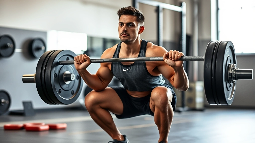Person performing a barbell squat with proper form in a well-lit gym, mid-rep with focused expression, athletic wear, natural lighting highlighting muscle engagement
