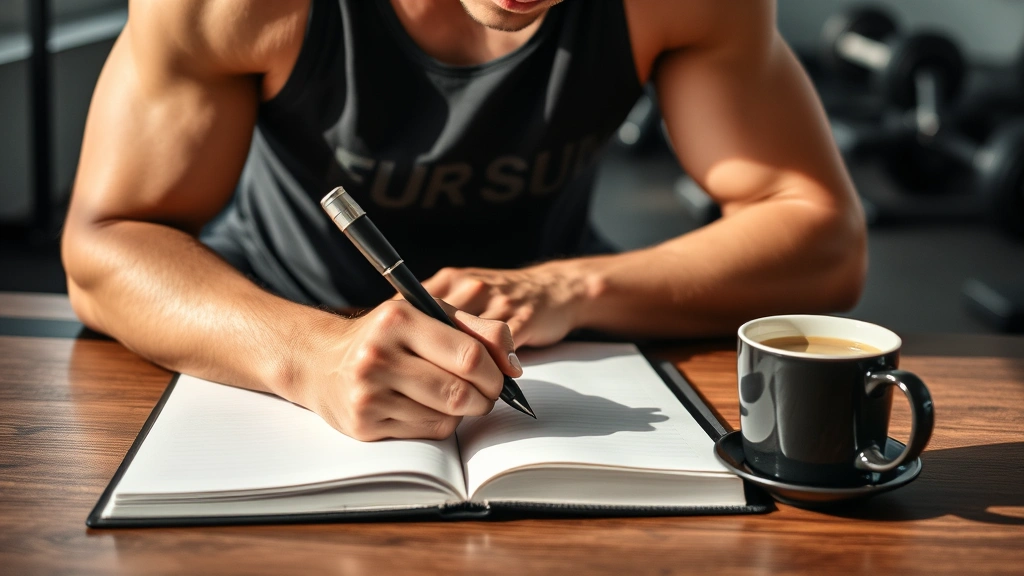 Fit person writing in a workout journal or notebook with a cup of coffee nearby, tracking progress, gym or home setting, natural daylight