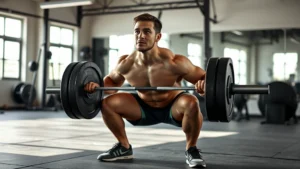 Person performing a heavy barbell squat with perfect form in a well-lit gym, muscles engaged, focused expression, natural lighting highlighting the movement