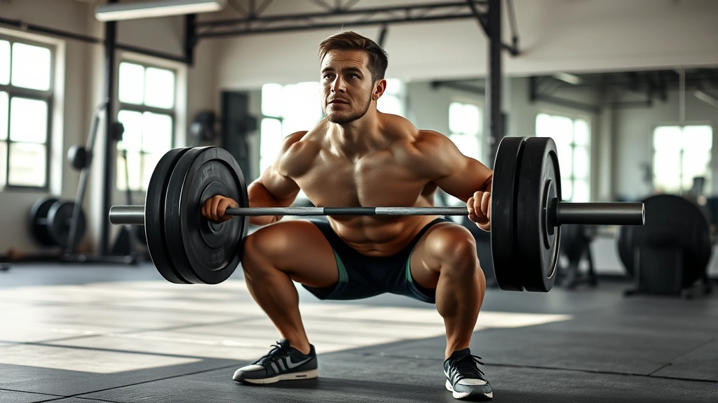 Person performing a heavy barbell squat with perfect form in a well-lit gym, muscles engaged, focused expression, natural lighting highlighting the movement