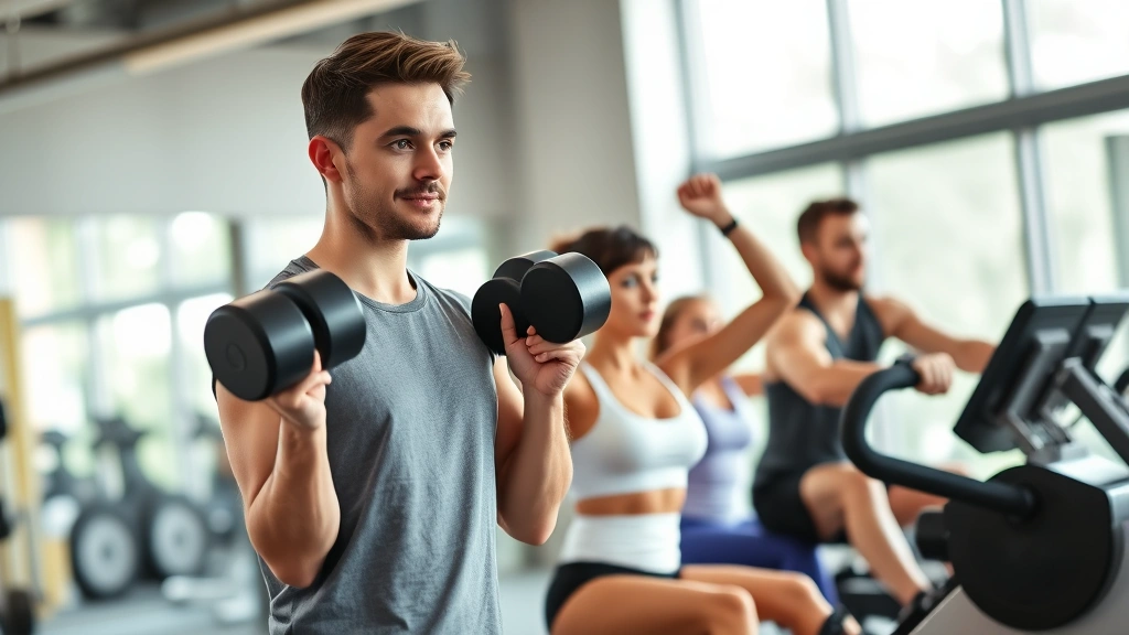 Diverse group of people in a modern gym doing different exercises—one lifting dumbbells, one on a rowing machine, one stretching. Natural lighting, authentic gym environment, focused and determined expressions.