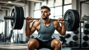 Athlete performing weighted barbell squat with perfect form in a modern gym, focused expression, natural lighting from large windows