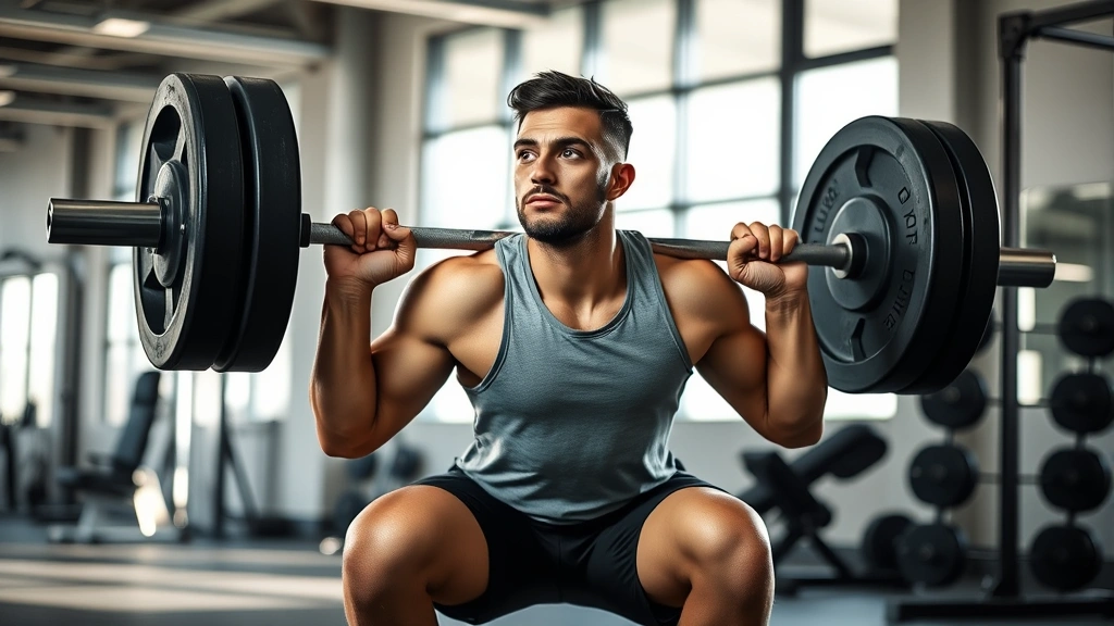 Athlete performing weighted barbell squat with perfect form in a modern gym, focused expression, natural lighting from large windows