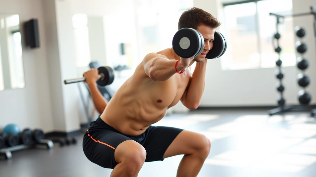 Person demonstrating proper squat form with dumbbells in a bright gym, showing controlled movement and engaged core muscles