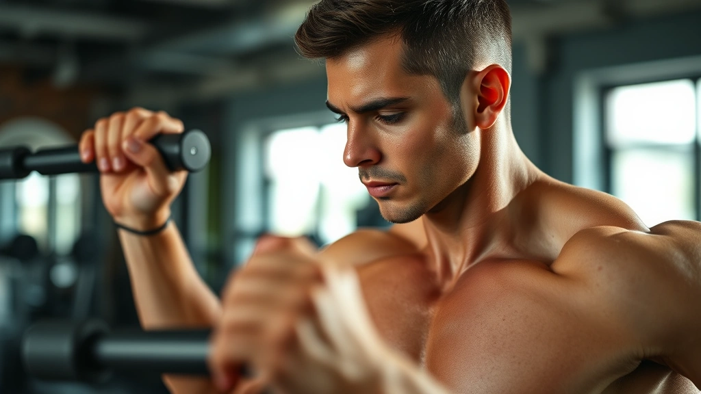 Close-up of someone performing a compound exercise with perfect posture and concentration, natural gym lighting