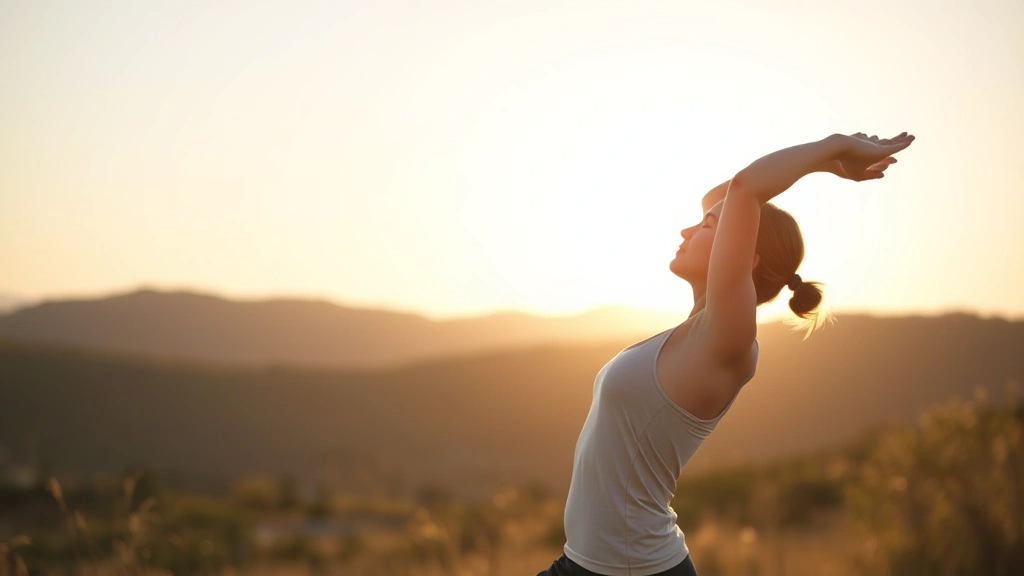 Person stretching outdoors during golden hour with peaceful expression, demonstrating flexibility and mindful recovery work