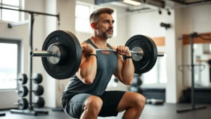 A fit man in his 40s performing a barbell back squat with perfect form in a well-lit gym, focused expression, mid-rep, natural lighting