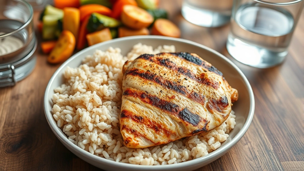 Close-up of a wooden table with grilled chicken breast, brown rice, roasted vegetables, and a glass of water, fresh and appetizing meal prep scene