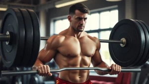 Person doing a heavy deadlift with perfect form in a gym, muscles engaged, determined expression, natural lighting from gym windows