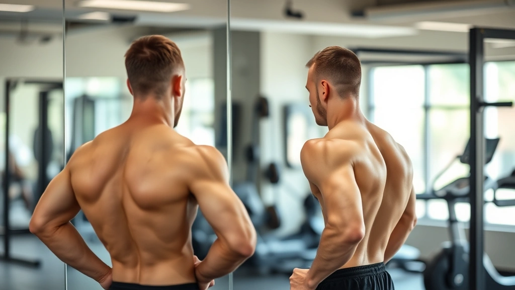 Fit person checking their reflection in gym mirror, confident posture, athletic build visible, natural gym environment with equipment blurred in background