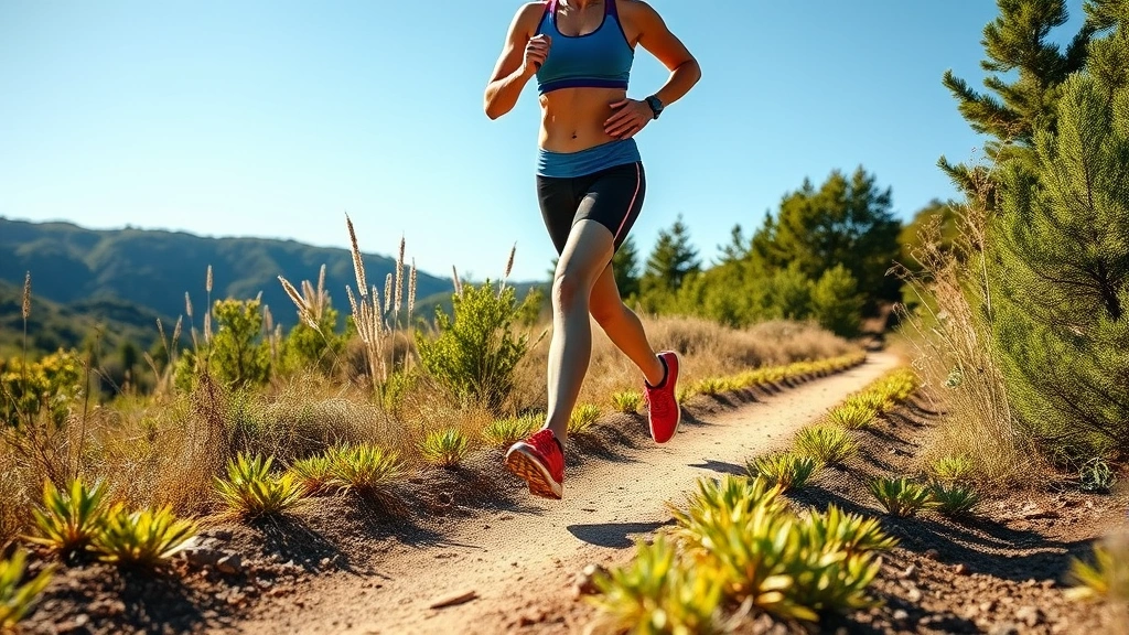 Active person jogging outdoors on a sunny trail, natural landscape, athletic wear, mid-stride with good form, showing movement and vitality