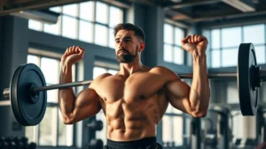 Person doing a compound lift with perfect form in a modern gym, sunlight streaming through windows, focused and strong expression, muscular build, mid-lift motion