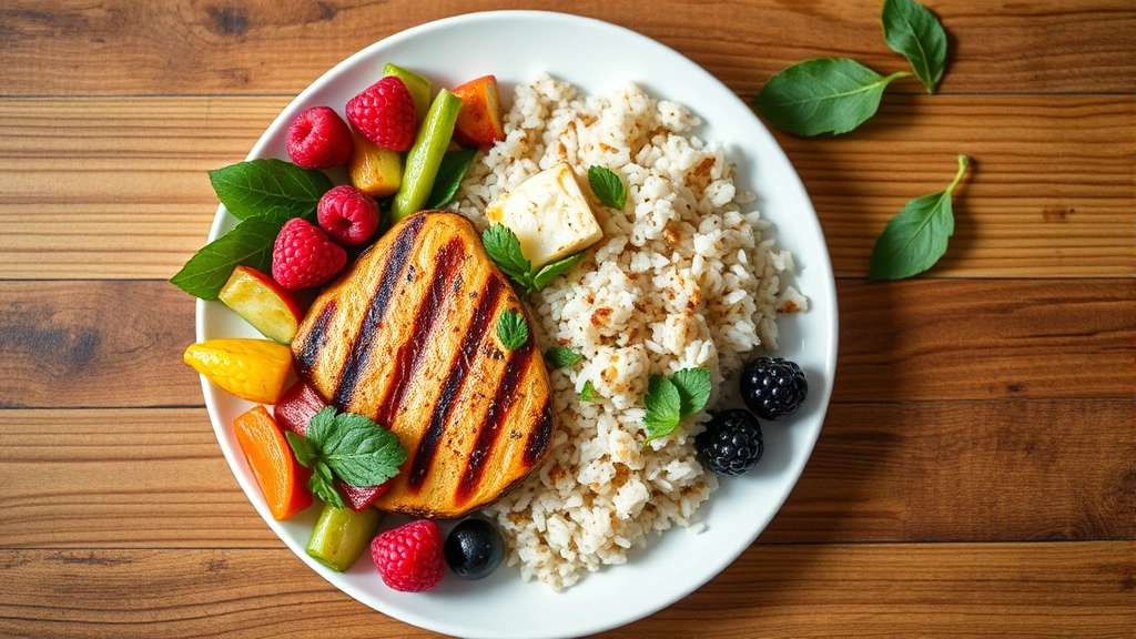 Overhead shot of a colorful meal with grilled chicken, vegetables, rice, and berries on a white plate, fresh and appealing, natural lighting on wooden table