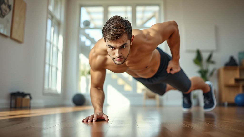 Fit person doing push-ups in a bright home gym space with natural light, focused expression, athletic wear, wooden floor visible