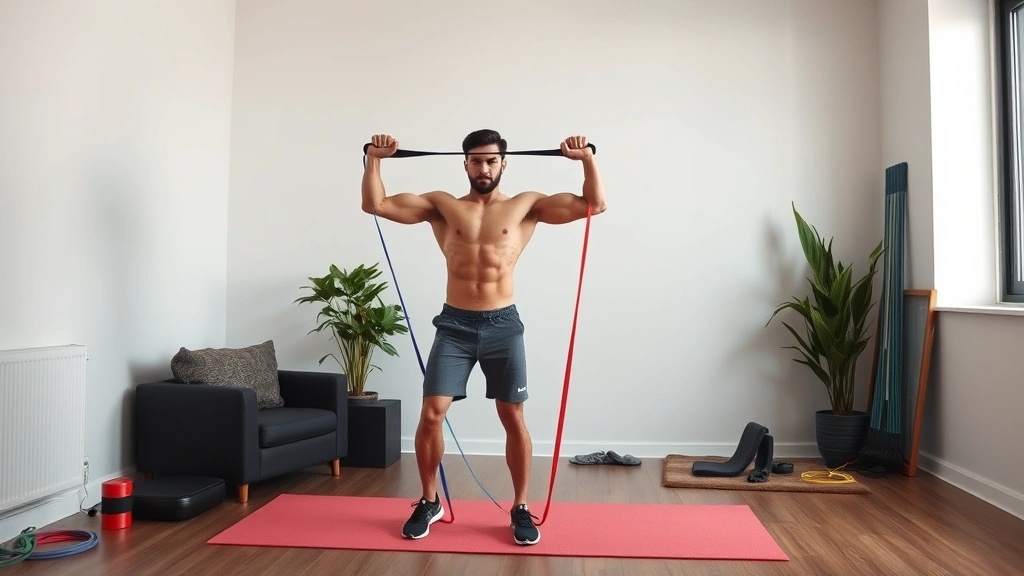 Muscular individual performing resistance band exercises in a minimalist home workout area, concentrated form, varied resistance bands nearby