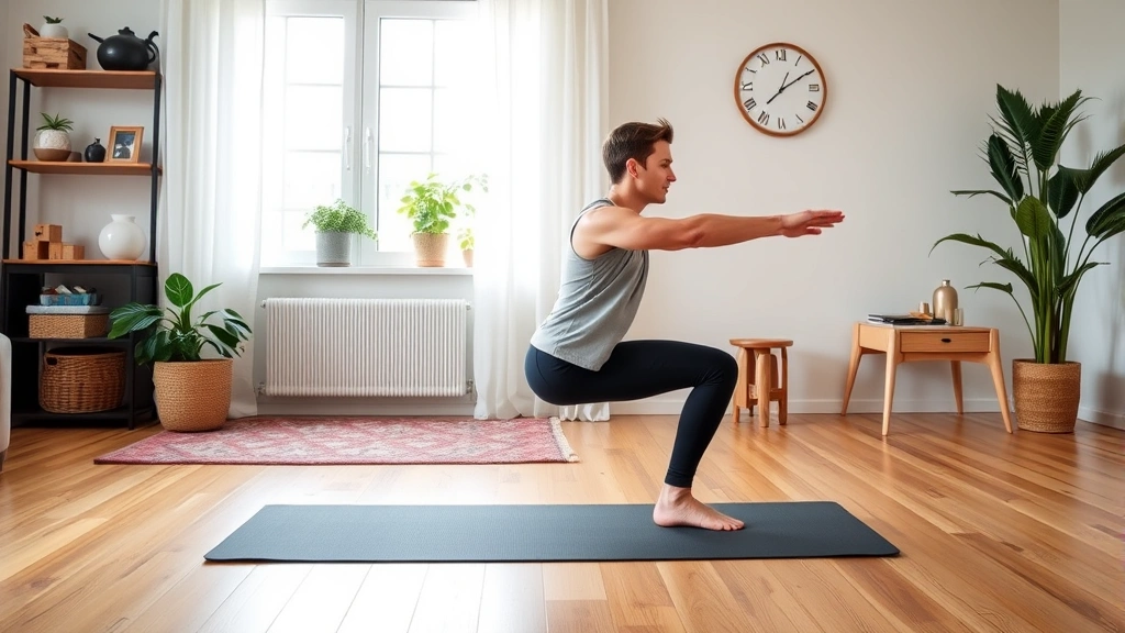 Person doing bodyweight exercises on a yoga mat in a clean, organized home environment, demonstrating proper form on a pistol squat variation