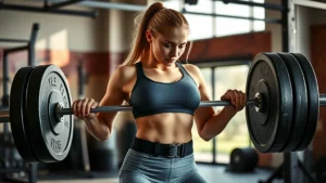 Athletic woman doing a barbell deadlift with proper form in a well-lit gym, focused expression, lifting belt visible, natural lighting