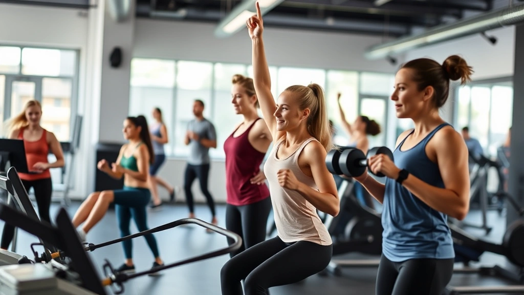 Diverse group of people doing various exercises in a modern gym—one on a rowing machine, one stretching, one lifting dumbbells—energetic and inclusive atmosphere