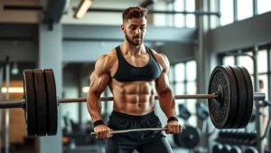 Athletic person performing a barbell deadlift with perfect form in a modern gym, focused expression, natural lighting