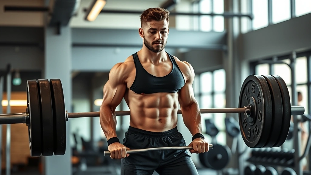Athletic person performing a barbell deadlift with perfect form in a modern gym, focused expression, natural lighting