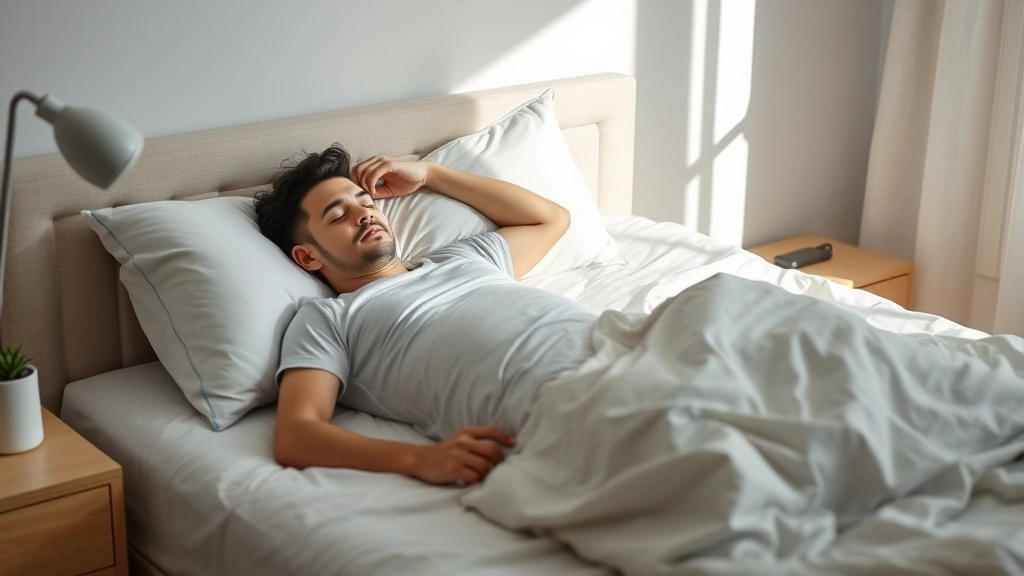 Fit individual sleeping peacefully in bed during daytime, calm bedroom environment, showing rest and recovery importance