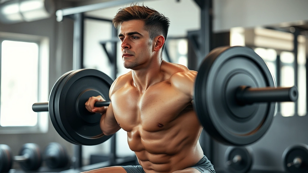 A focused athlete with visible muscles performing a heavy barbell back squat, sweat on their face, perfect form, gym setting with natural light