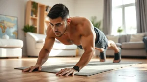 Person doing push-up variations on living room floor, athletic build, focused expression, natural daylight through window, fitness motivation