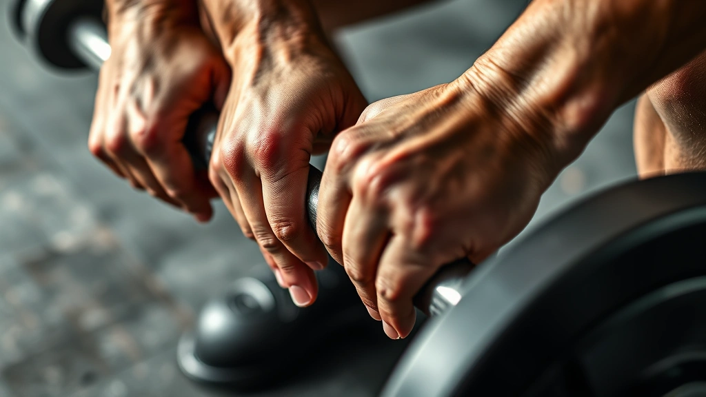 Close-up of hands gripping a barbell during a deadlift, showing calluses and strength, concrete gym floor visible, intense but controlled expression