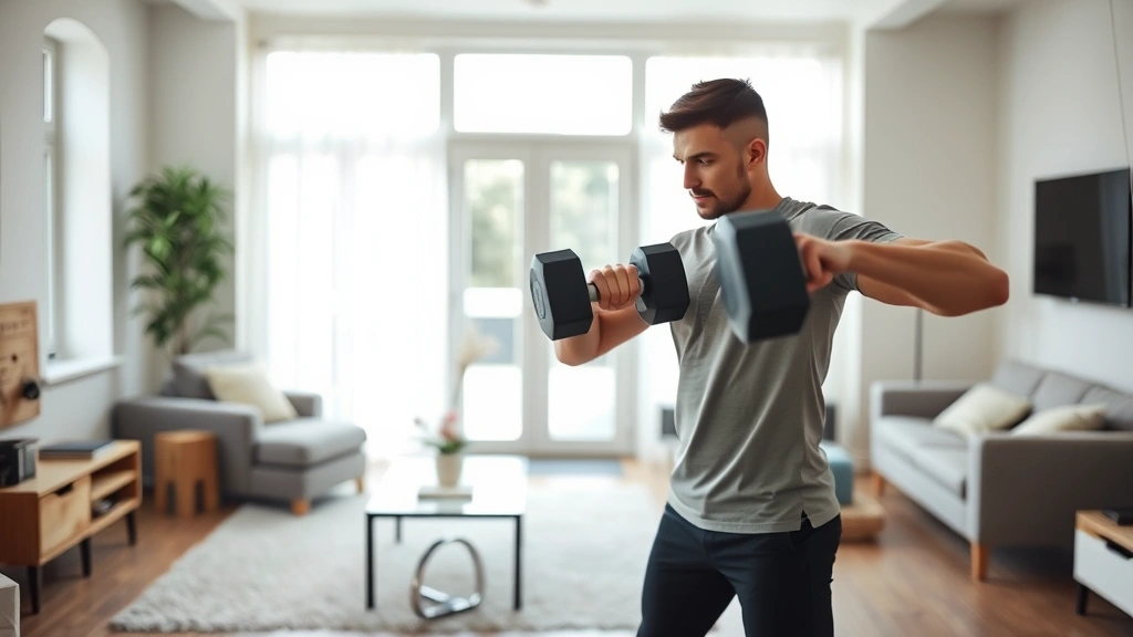 Person doing home workout with dumbbells in a bright, minimalist living room, natural lighting, determined but relaxed expression