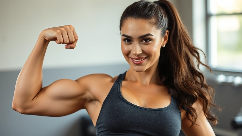 Woman flexing bicep with visible muscle definition, athletic physique, confident expression, natural gym lighting without equipment visible